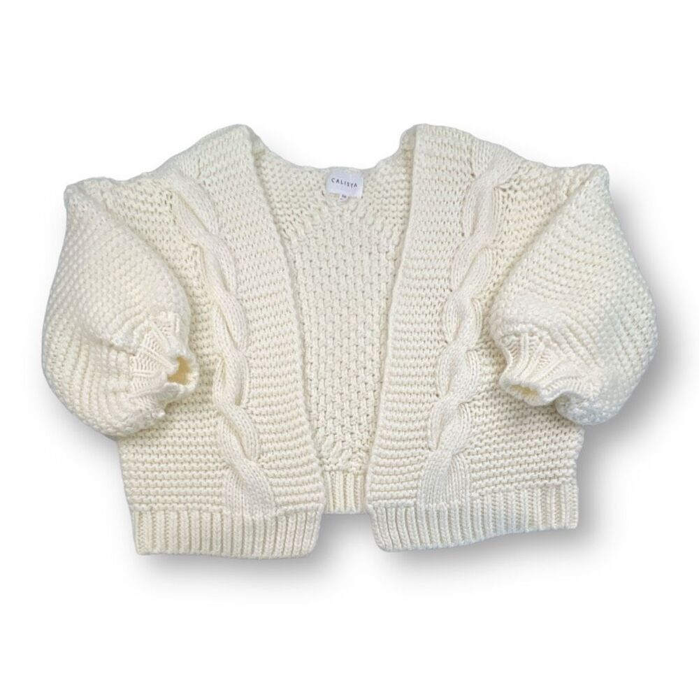 Calin White Chunky Cable Knit Open Cardigan Sweater